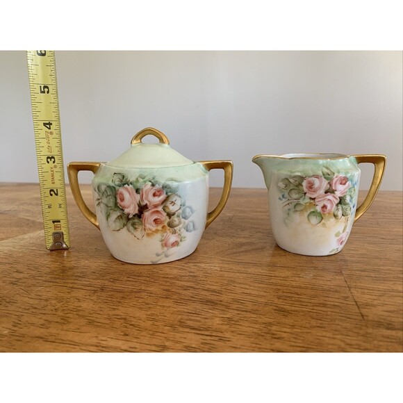 Vtg Weimar Cream & Sugar‎ Green Pink Roses Victorian - Made In Germany - Picture 3 of 10